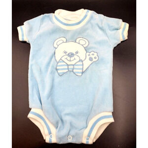 Vintage 80s Buster Brown One-Piece Outfit Blue White Velour Teddy Bear 6-9M YK